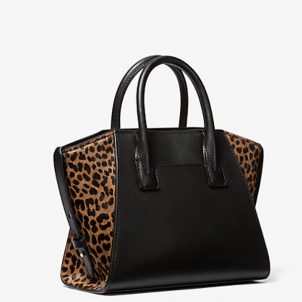 Michael Kors Avril Small Black Leather and Cheetah Print Calf Hair Satchel Bag - Picture 7 of 15